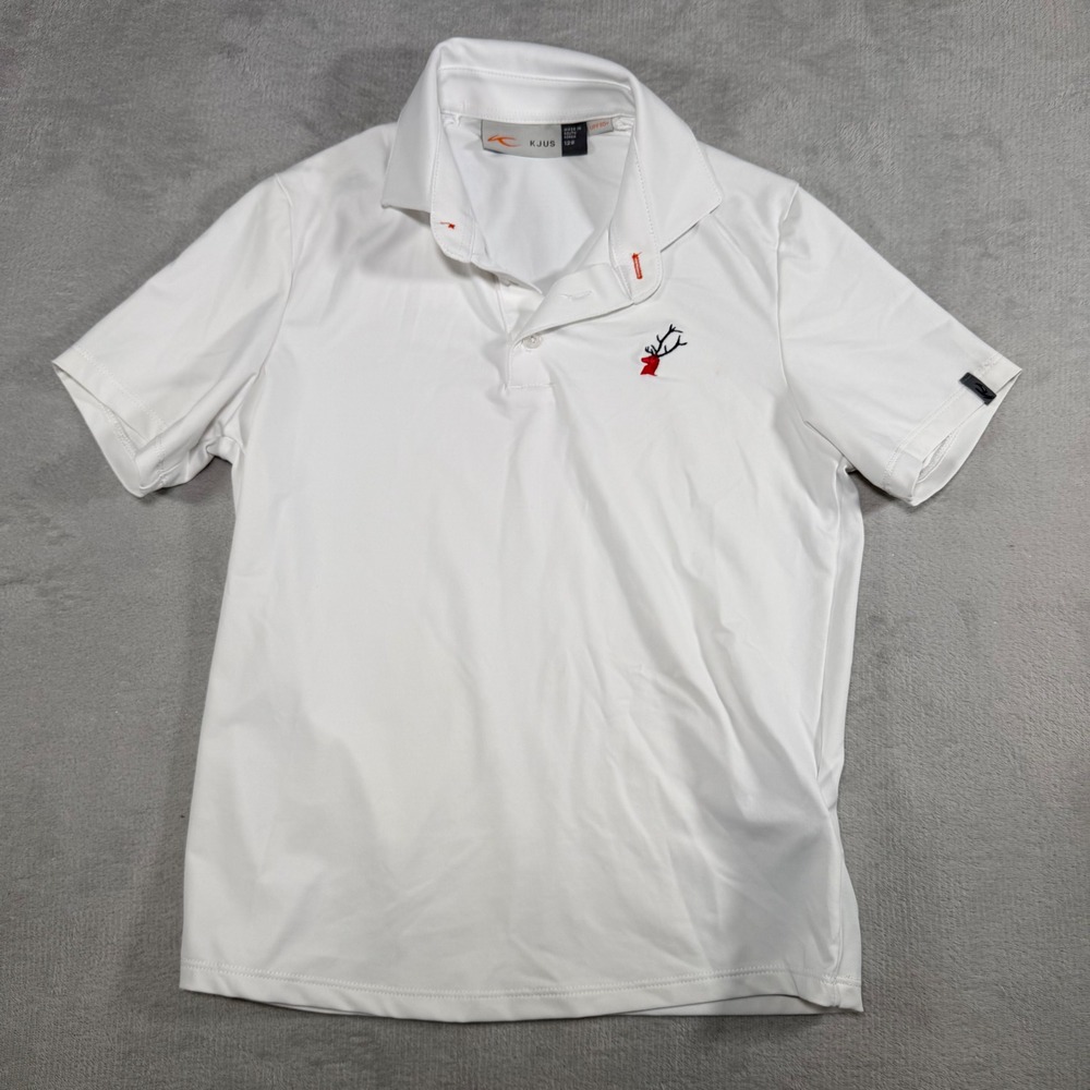 KJUS Boys Polo Self Co White Short Sleeve Golf Shirt Reindeer UPF‎ 50+